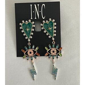 I.N.C. International Concepts Teal Heart-Evil Eye Pave Triple Drop Post Earrings